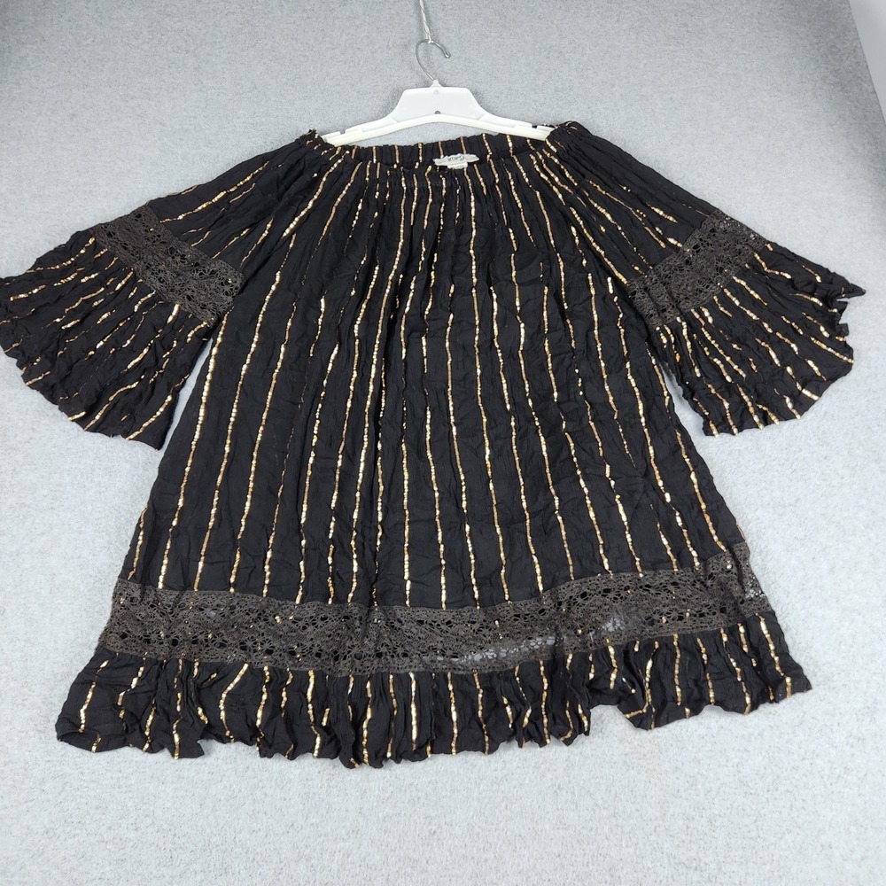 Zury Tunic Top Womens OSFM Black Gold Metallic Stripe Boho Bell Sleeve Lace Trim